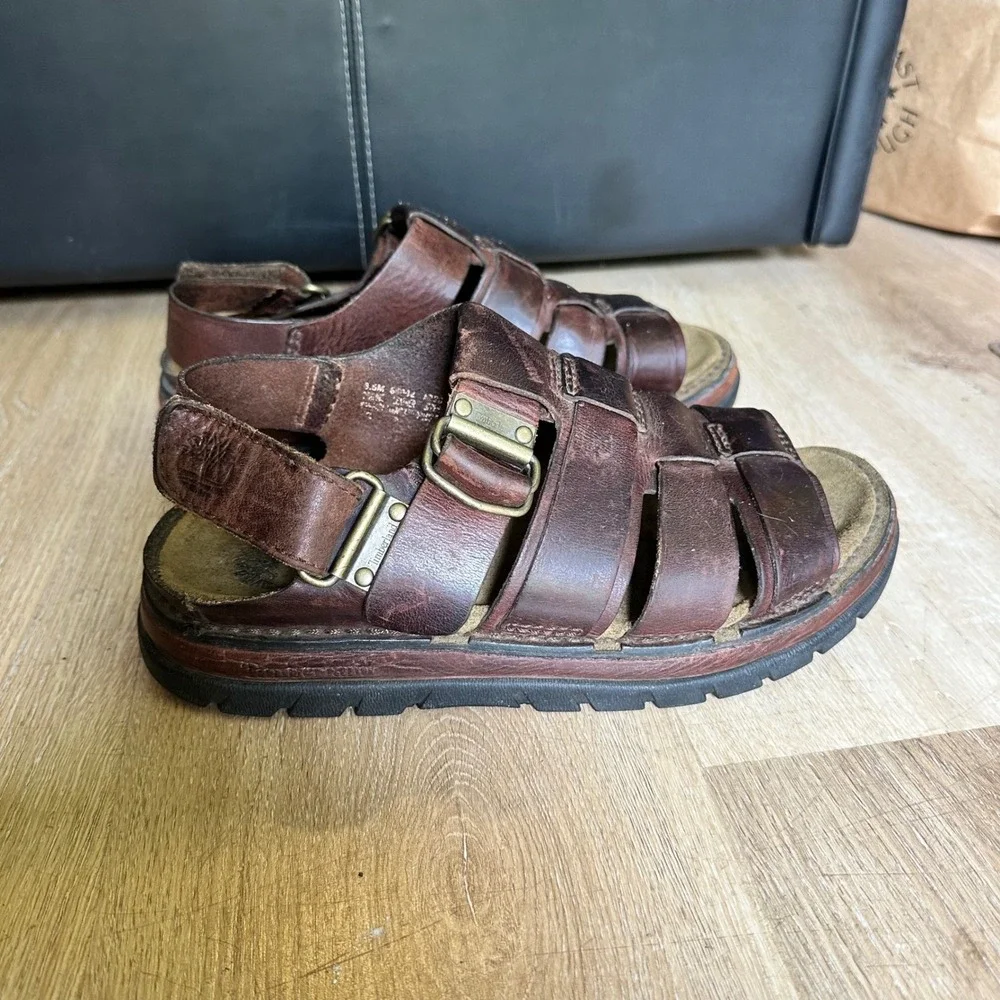 Timberland Mens Brown Leather Fisherman Sandals 8.5M 65042 Cage Strappy Buckle